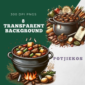 Pacote de clipart tradicional sul-africano Potjiekos | 8 imagens PNG | Design rústico de pote de ferro fundido | Download digital