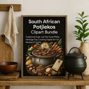Traditionele Zuid-Afrikaanse potjiekos-clipartbundel | 8 png-afbeeldingen | Rustiek gietijzeren potontwerp | Digitale download