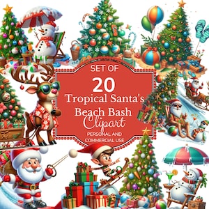 Christmas Beach PNG | Surfing Santa Clipart | Tropikalna sztuka świąteczna | Zabawna świąteczna kreskówka | Letni Mikołaj | Pobieranie cyfrowe 25 plików
