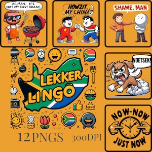 Howzit, my china! 🇿🇦 Bring a slice of South African humor to your designs with our "Lekker Lingo: Funny SA Expressions Graphic Pack"! This digital download is perfect for adding a dash of Mzansi flavor to your creative projects.