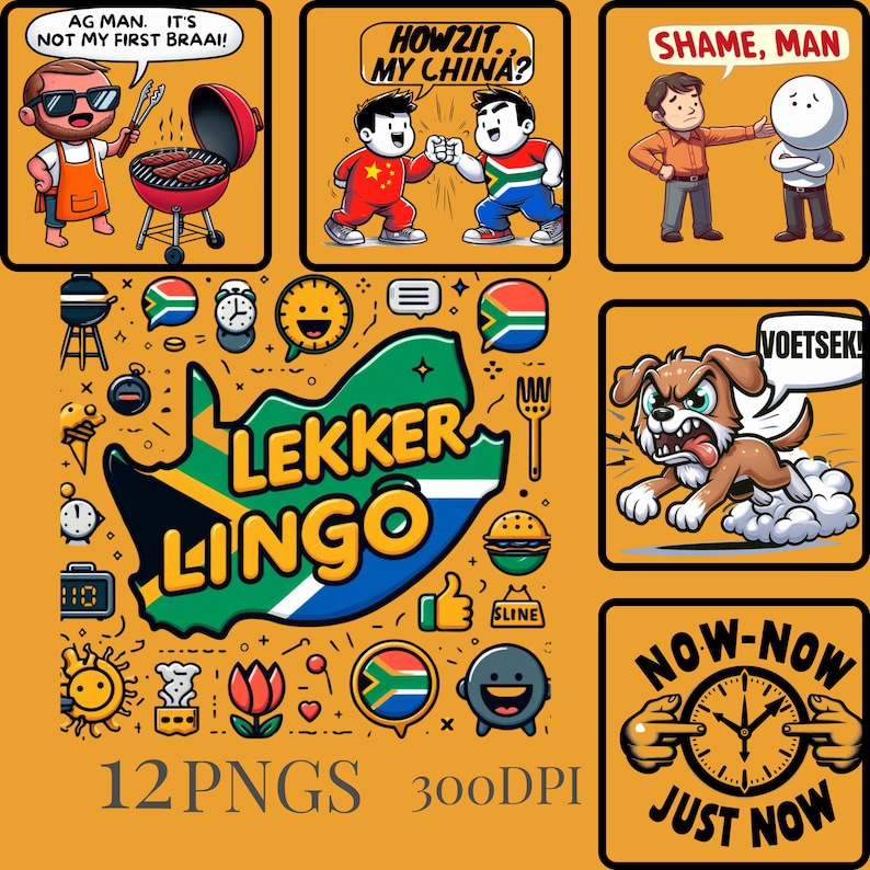 Howzit, my china! 🇿🇦 Bring a slice of South African humor to your designs with our "Lekker Lingo: Funny SA Expressions Graphic Pack"! This digital download is perfect for adding a dash of Mzansi flavor to your creative projects.