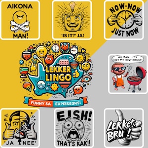 Lekker Lingo: Funny South African Sayings Clipart, PNG Graphics Pack, 300 DPI, Transparent Background, Digital Download