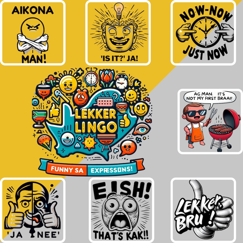 Lekker Lingo: Funny South African Sayings Clipart, PNG Graphics Pack, 300 DPI, Transparent Background, Digital Download
