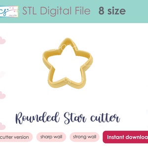May include: A digital file for a 3D printed rounded star cookie cutter. The cutter is available in 8 sizes and comes with 2 cutter versions. The file is for instant download.
