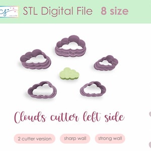 May include: An image of several cloud-shaped cookie cutters in various sizes. The cutters are a muted purple color, with a white interior. The text "STL Digital File 8 size" and "Clouds cutter left side" is visible.
