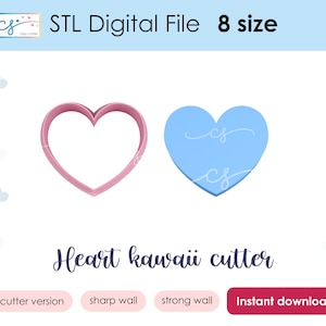 Puede incluir: Dos cortadores de galletas en forma de corazón, uno rosa y otro azul claro, con el texto "Heart kawaii cutter" y "Descarga instantánea" debajo. Los cortadores están disponibles en 8 tamaños y vienen en una versión de 2 cortadores.