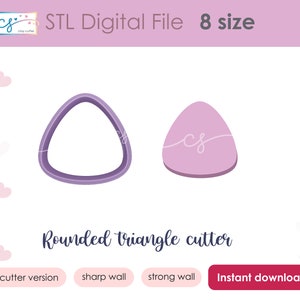 Puede incluir: Archivo digital STL para un cortador de triángulo redondeado en 8 tamaños. La imagen muestra dos versiones del cortador, una con una pared afilada y otra con una pared fuerte. El texto "2 cutter version", "sharp wall", "strong wall" y "Instant download" también es visible.