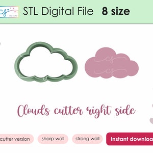 Può includere: Un file digitale per un tagliapasta a forma di nuvola stampato in 3D. L'immagine mostra due versioni del tagliapasta, una in verde e una in rosa. Il testo "Clouds cutter right side" è scritto in rosa sotto i tagliapasta. Il testo "2 cutter version, sharp wall, strong wall, Instant download" è scritto in bianco su pulsanti rosa sotto l'immagine.