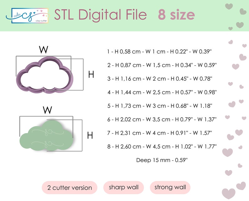 May include: Digital STL file for a cloud-shaped cookie cutter, available in 8 sizes. The smallest size is 0.22" high and 0.39" wide, and the largest is 1.02" high and 1.77" wide. Includes two cutter versions with sharp and strong walls.