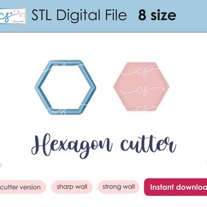 Puede incluir: Un archivo digital para un cortador de hexágonos en 8 tamaños. La imagen muestra un cortador de hexágonos azul y una forma de hexágono rosa. El texto "Hexagon cutter" está escrito en una fuente decorativa. Los textos "2 cutter version", "sharp wall", "strong wall" y "Instant download" están escritos en botones.