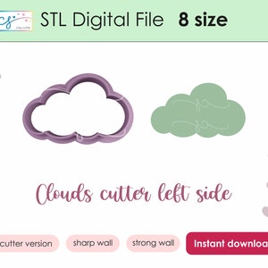 May include: A digital file featuring two cloud-shaped cookie cutters. One is a purple outline, and the other is a solid green shape. Text includes "STL Digital File 8 size" and "Clouds cutter left side."