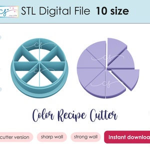 May include: A blue and purple plastic cookie cutter in the shape of a circle with 10 sections. The text "Color Recipe Cutter" is written below the image. The text "STL Digital File 10 size" is written at the top of the image.