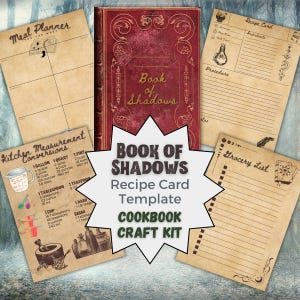 Peut inclure: Un kit d'artisanat de style vintage avec un "Book of Shadows" rouge et des modèles de fiches de recettes. Comprend un planificateur de repas, des conversions de mesures de cuisine et une liste de courses. Le texte "Recipe Card Template Cookbook Craft Kit" est également visible.