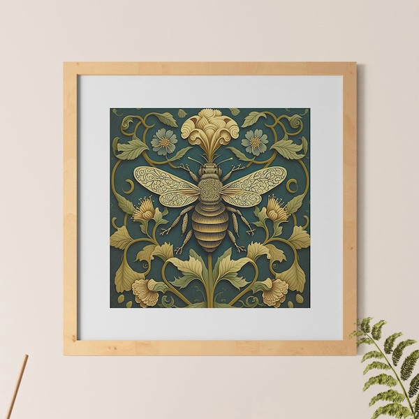 Bee with flowers Wall Art Poster - Arts and Craft inspired Print