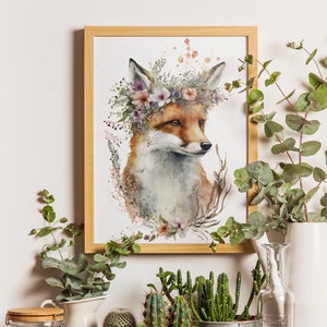 Watercolour style Fox in Pink Flower Crown Wall Art Poster, Nature inspired print, Bedroom Wall Decor, Living Room Decor, DIGITAL DOWNLOAD