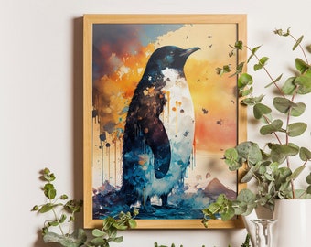 Watercolour Penguin Wall Art Poster, Nature inspired animal print, Artistic wall decor gift