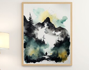 Watercolour Misty Mountains Wall Art Poster, nature inspired print, bedroom, living room wall decor gift