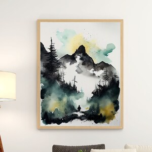 Aquarell Nebel Berge Wandkunst Poster, natur inspirierter Druck, Schlafzimmer, Wohnzimmer Wanddeko Geschenk
