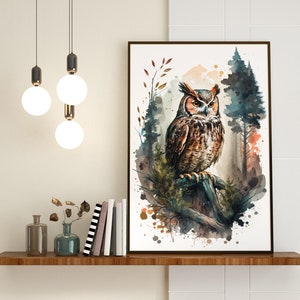 Watercolour Owl in Brown Wall Art Poster, Nature and forest inspired print, Bedroom Wall Decor, Living Room Decor Gift