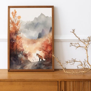 Aquarell Berge mit Fuchs Landschaft in Herbst Farben, moderne Kunst Druck, Schlafzimmer Wand Dekor, Geschenk Wohnzimmer