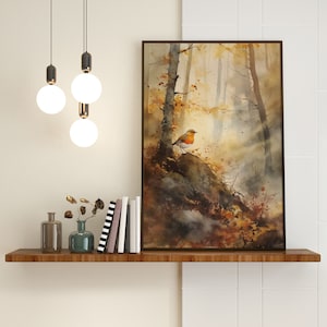 Wald Landschaft mit Rotkehlchen Herbst Aquarell Stil Bild, Wand Kunst Poster, Modern Inspiriert Druck, Schlafzimmer Dekor, Wohnzimmer Dekor Geschenk