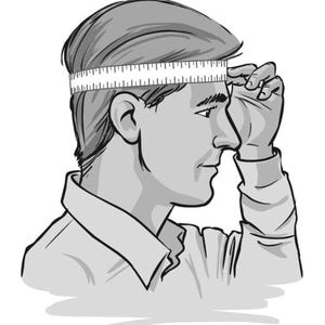 May include: A person measures their head with a tape measure. The tape measure is placed around the forehead and the person is holding the end of the tape measure with their right hand.