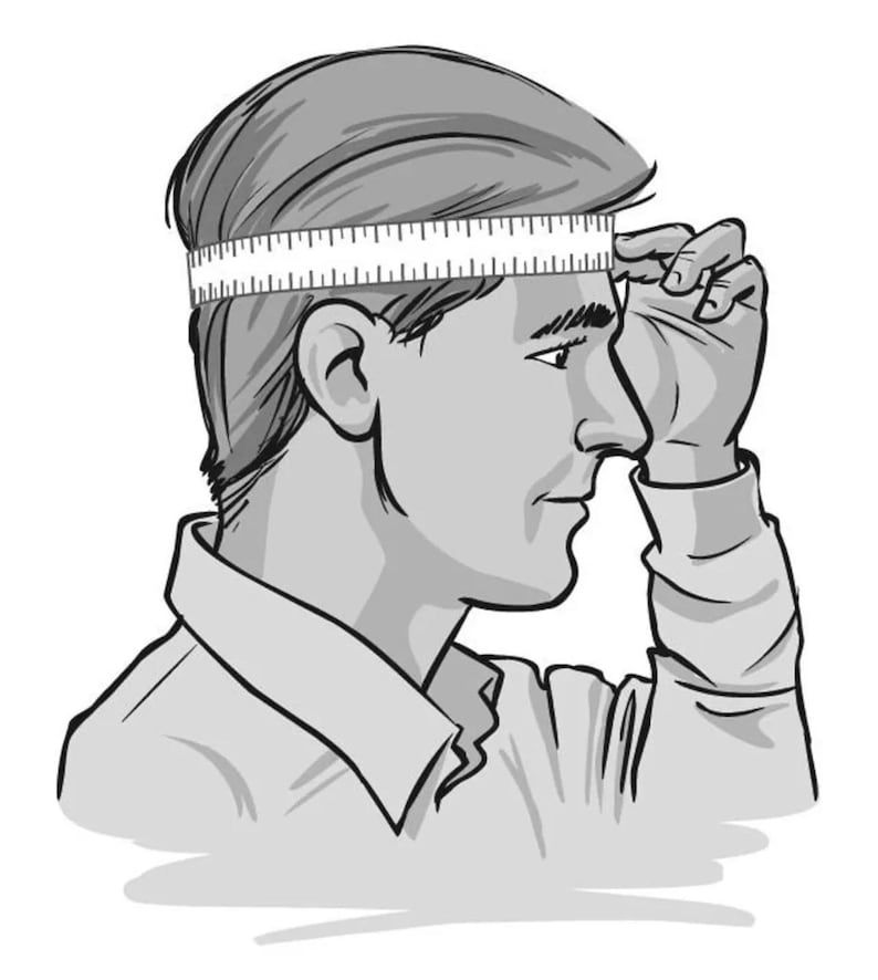 May include: A person measures their head with a tape measure. The tape measure is placed around the forehead and the person is holding the end of the tape measure with their right hand.