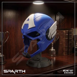 Marvel Collector Helmet Premium Captain America Design Custom Size Construction Full Head Coverage Multi Color Details Perfect Fan Gift Essential Display Piece Professional Grade Materials Beautiful Superhero Room Decor Convention Ready Prop