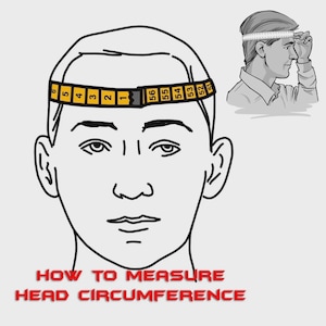 May include: Illustration showing how to measure head circumference. A yellow measuring tape is wrapped around a person's head, with numbers visible. The text "HOW TO MEASURE HEAD CIRCUMFERENCE" is in red.