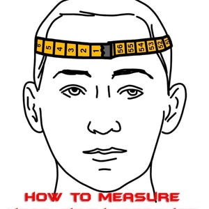 May include: A line drawing of a person's head with a measuring tape around the forehead. The tape shows numbers from 52 to 57. The text below the image reads "HOW TO MEASURE HEAD CIRCUMFERENCE".