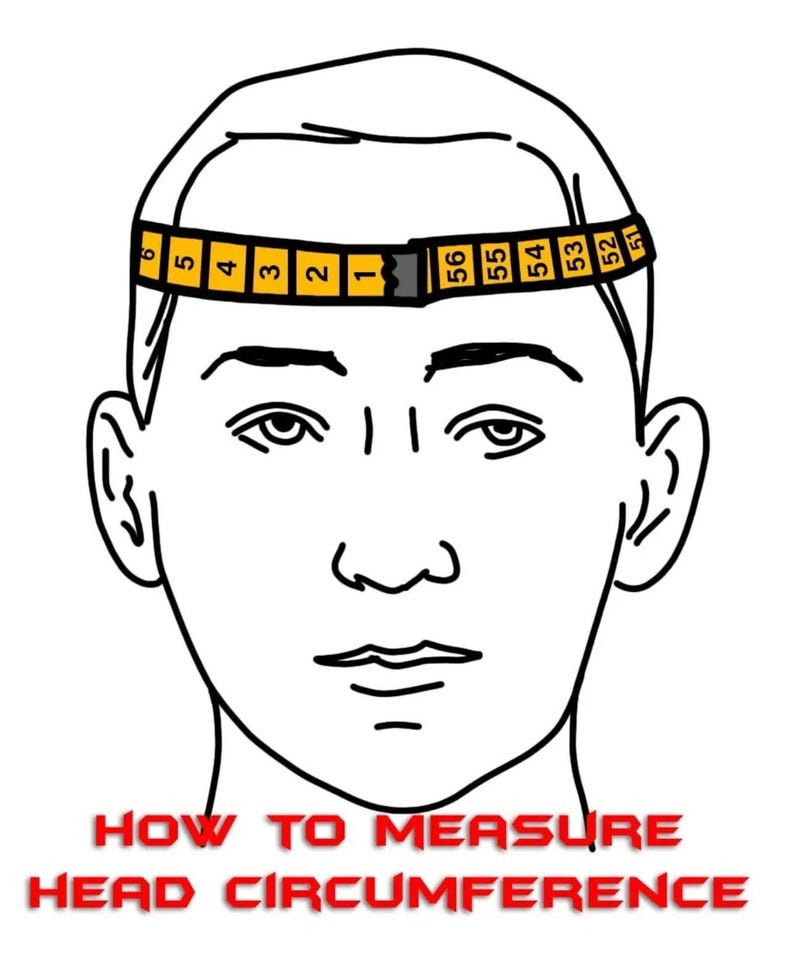 May include: A line drawing of a person's head with a measuring tape around the forehead. The tape shows numbers from 52 to 57. The text below the image reads "HOW TO MEASURE HEAD CIRCUMFERENCE".