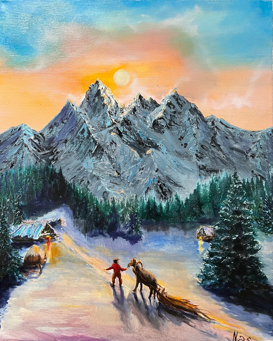 Mountain Winter Painting, Original Snowy Landscape With Horse - Etsy