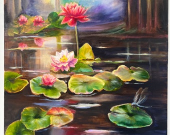 Water lilies Painting, Pond with Lotos and dragonfly