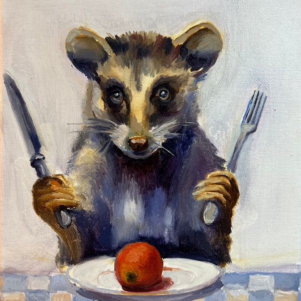 Opossum Painting, 8x10 inches, Hungry Opossum , Opossum with Apple , Original Painting Oil , Animal Portrait, Home Gift, Wall Art Decor