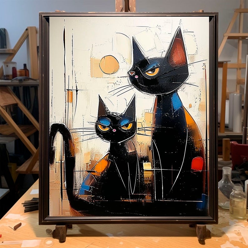 Black Cats Painting,abstract Original Print, Handmade Gift Etsy