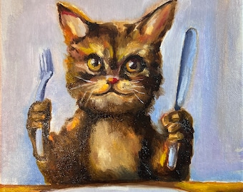 Peinture de chat, 20 x 10 pouces, déjeuner de chat, chat drôle, peinture originale à l'huile sur toile, portrait d'animal, cadeau pour la maison, décoration d'art mural