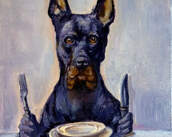 Hundegemälde, 20 x 25 cm, hungriger Hund, lustige Hunde, Originalgemälde Öl auf Leinwand, Tierportrait, Wohngeschenk, Wandkunst-Dekor
