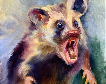 Peinture d'opossum, 20 x 25 cm, opossum en colère, peinture originale huile sur toile, portrait d'opossum, cadeau pour la maison, décoration d'art mural, monde de la nature
