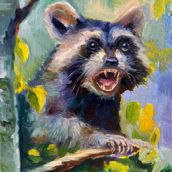 RACCOON Painting, 8x10 inches, Angry Raccoon ,Original Painting Oil on Canvas, Raccoon Portrait, Home Gift, Wall Art Decor, Scarу Raccoon