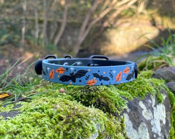 Autumn Bats Biothane Collar 19mm // Choose Your Colour, Patterned Biothane Collar, Puppy Collar, Halloween Collar, Autumn Collar