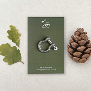 Può includere: Un grillo color argento su una carta verde con il logo Earth & Elk e l'indirizzo del sito web. Una pigna e foglie verdi circondano la carta su una superficie chiara.