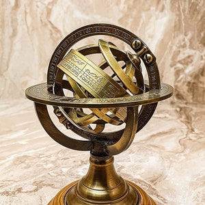 Antique Armillary Sphere, Nautical Maritime Astrolabe Engraved Globe Wooden Display, Brass Armillary for Office decor, Home decor image 1