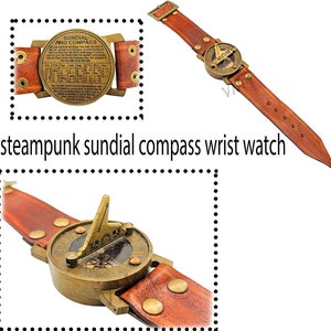 Sundial Compass Wrist Watch Leather Strap, Retro Band Sundial Clock, Vintage Style Gift for Anniversary Groomsmen gift, Gift for Him image 1
