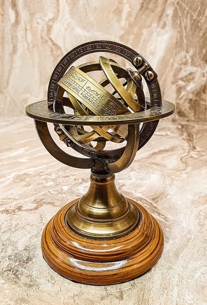 Antique Armillary Sphere, Nautical Maritime Astrolabe Engraved Globe Wooden Display, Brass Armillary for Office decor, Home decor image 1