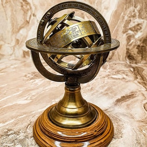 Antique Armillary Sphere, Nautical Maritime Astrolabe Engraved Globe Wooden Display, Brass Armillary for Office decor, Home decor image 2