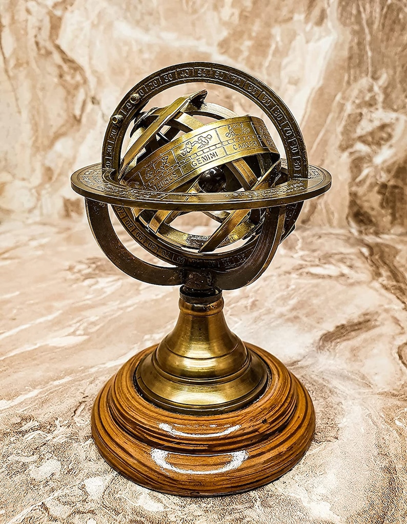 Antique Armillary Sphere, Nautical Maritime Astrolabe Engraved Globe Wooden Display, Brass Armillary for Office decor, Home decor image 2