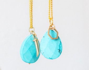 Synthetic Turquoise Pendant / Gold Plated Chain Necklace with Gold Plated Hexagon Charm / Boho Jewellery / Mother's Day Gift