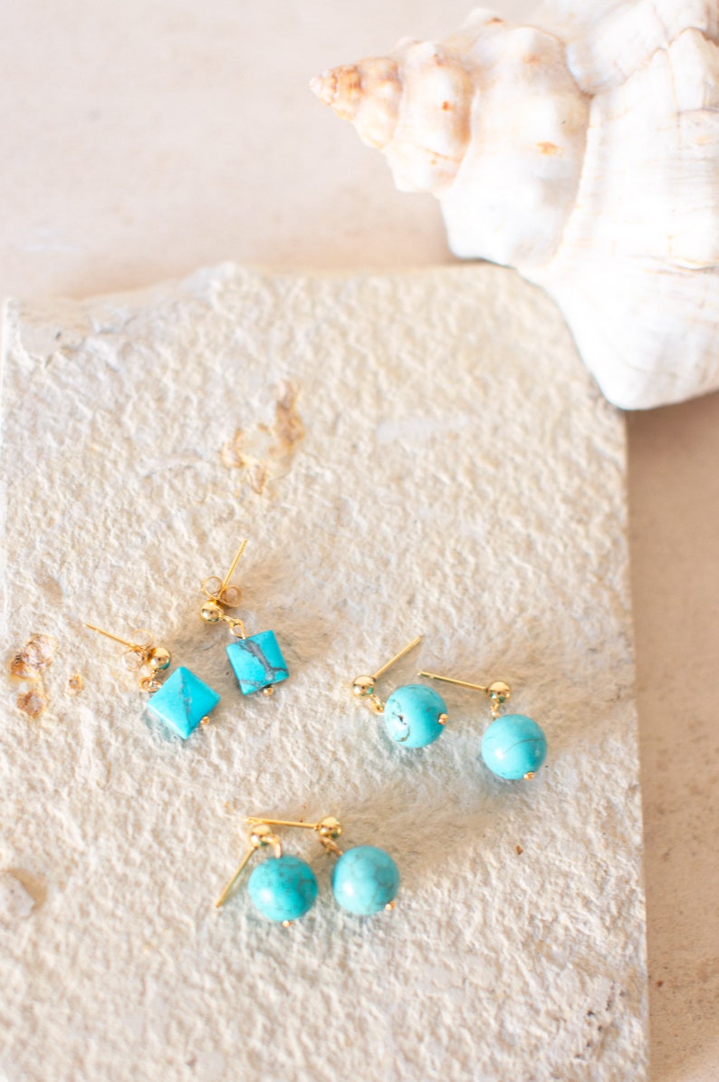 Turquoise Round Drop Dangle Gold Plated Earrings / Boho Jewellery / Gift For Women / Birthday Gifting / Mother's Day Gift image 3