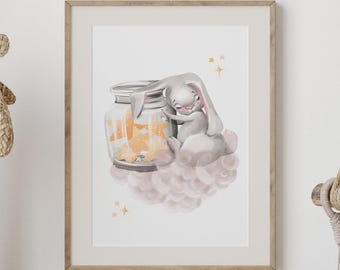 Watercolor Bunny With Star Jar Print -  Nursery Wall Art, Adorable Animal on a cloud Illustration, Digital file