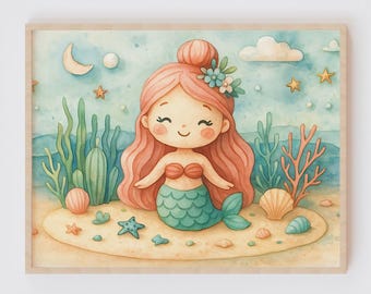 Watercolor Mermaid Print | Nursery Wall Art for Girls | High-Resolution Mermaid Poster | Bedroom Decor for Kids | Digital Download File